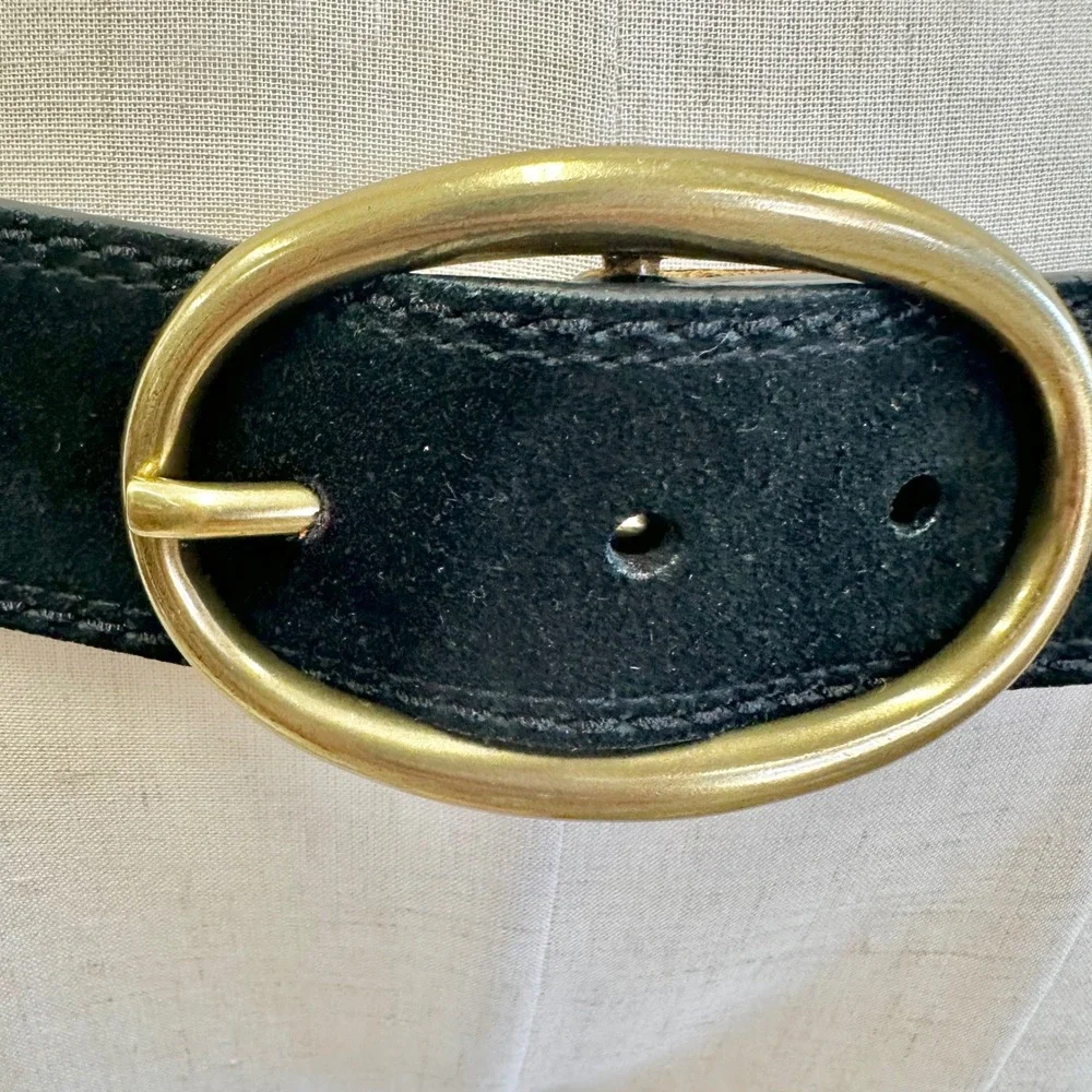 Lauren‎ Ralph Lauren Black Suede Leather Belt Gold Oval Buckle Large 9101572-001
